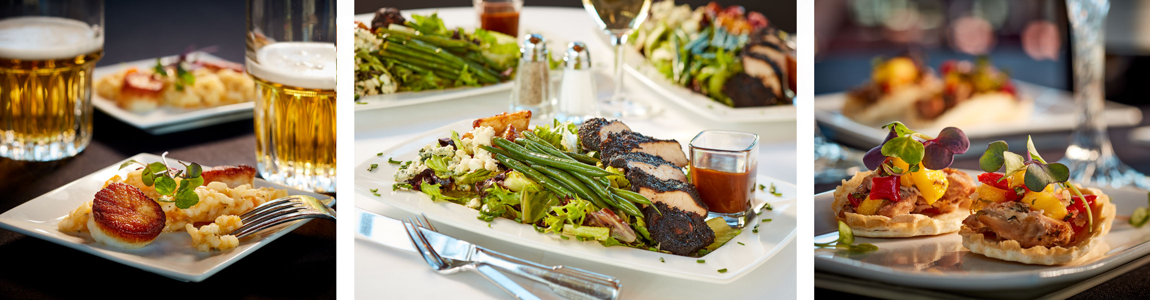 Scallops with risotto small plate, char chicken salad lunch entree, duck confit small plate