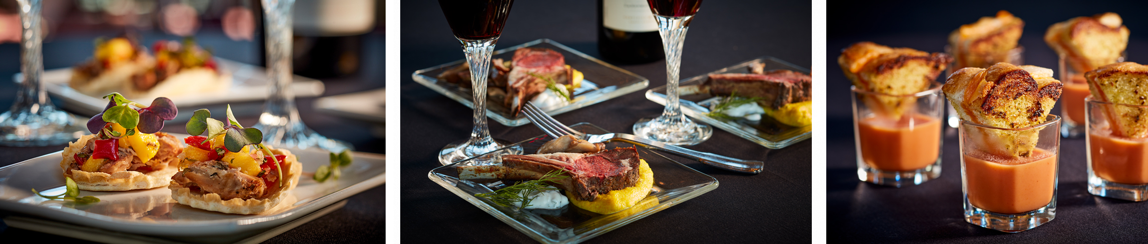 Reception photos of duck confit, lamb chop and grilled cheese wedges