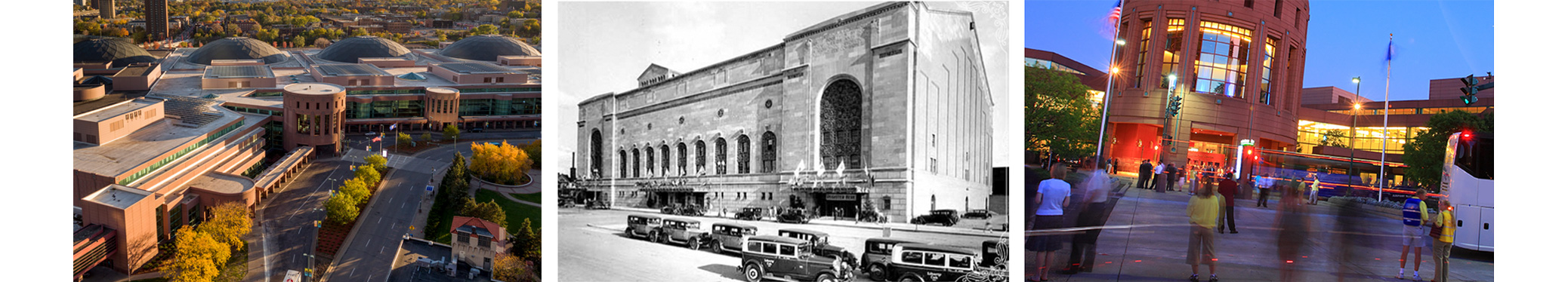 Minneapolis History banner - 2001 expansion, 1928 convention center and MCC today