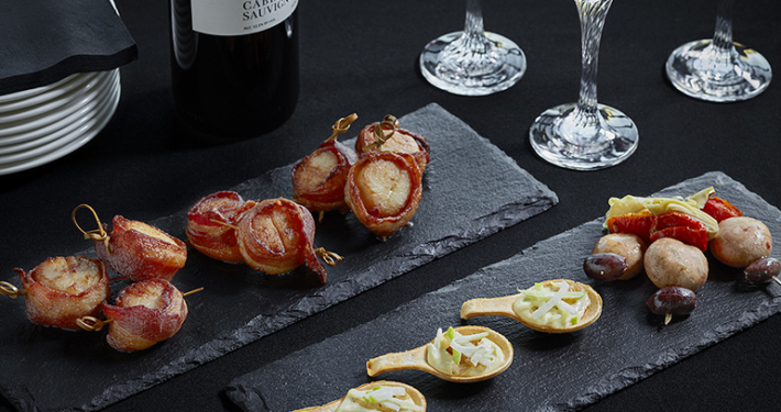 Bacon wrappred scallops, filo spoons and antipasto skewers
