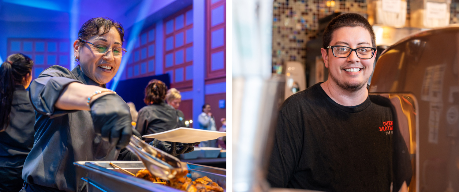 Kelber Catering Our People banner femaler server and Dunn Brothers employee